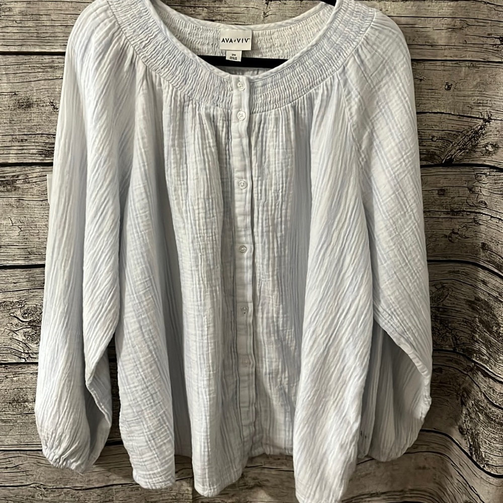 Ava & Viv blue white stripe crinkle cotton shirt, sz2X
